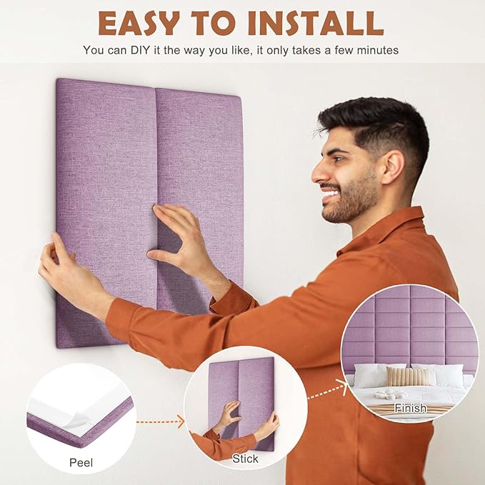 IFNOW Upholstered Wall Mounted Headboard, 3D Soundproof Wall Panels Peel and Stick for King Size, Reusable and Removable Tufted Bed Headboard in Dark Pink (12 Panels, 10" x 24")