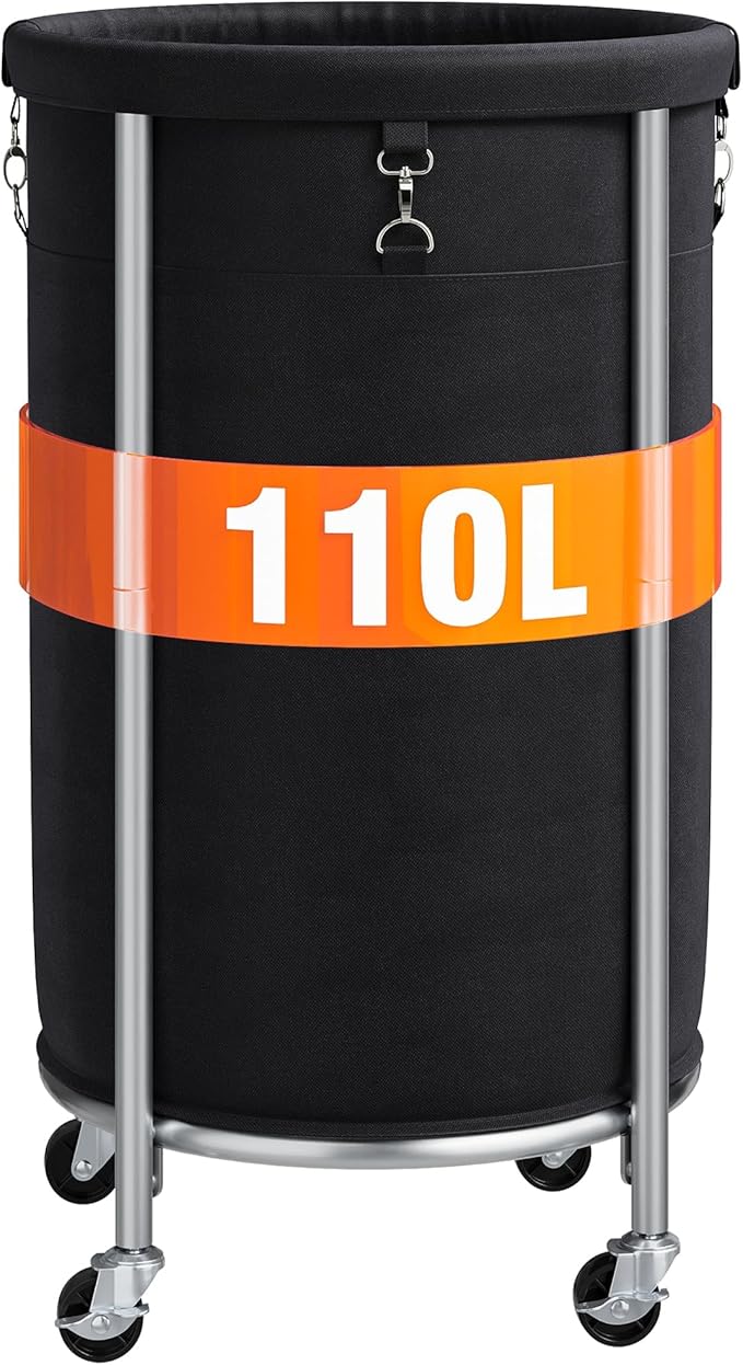 ELYKEN Laundry Hamper with Wheels, 110L Rolling Laundry Basket, Round Laundry Cart with Steel Frame and Removable Bag, 4 Casters and 2 Brakes, Dirty Clothes Hamper for Hotel, Home, Closet, Dorm, Black
