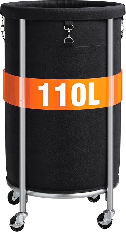 ELYKEN Laundry Hamper with Wheels, 110L Rolling Laundry Basket, Round Laundry Cart with Steel Frame and Removable Bag, 4 Casters and 2 Brakes, Dirty Clothes Hamper for Hotel, Home, Closet, Dorm, Black