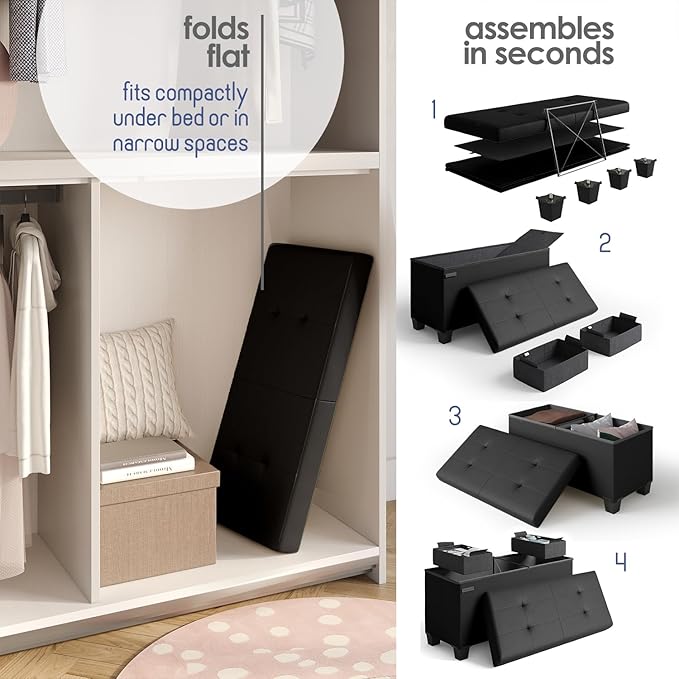 STORAGEBUD Storage Ottoman Bench with Bins, 30-in Storage Bench for Bedroom End of Bed, Folding Foot Rest Ottoman for Living Room Max 660lbs, Faux Leather Ottomans, Black