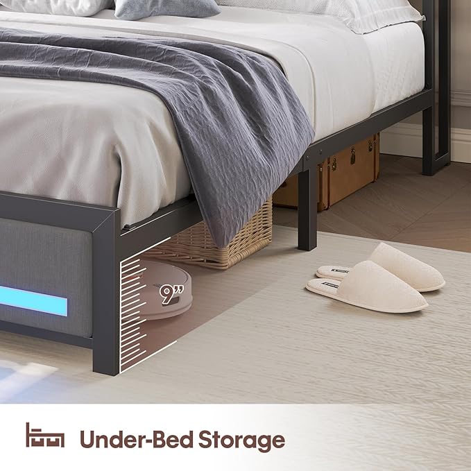 King Size Bed Frame with Upholstered Storage Headboard, King Bed Frame with Smart LED Lights, Camas King Bed with Charging Station,Noise-Free, Metal Support, No Box Spring Needed, Gray