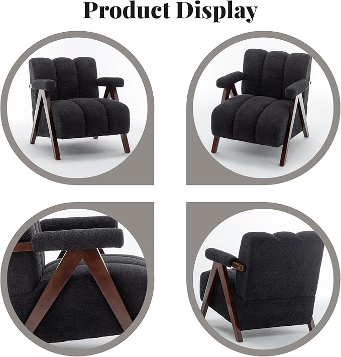 Mid Century Modern Accent Chair with Solid Wood Frame, Boucle Upholstered Living Room Chairs with Thick Cushion, Comfy Tufted Arm Chair for Bedroom, Black