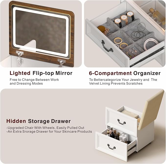 Lvifur 3 in 1 Vanity Desk with Flip Top Mirror and 3 Color Lights,Small Compact Vanity with Charging Station,Glass Top Makeup Vanity with 3 Drawers,Rolling Cushioned Stool