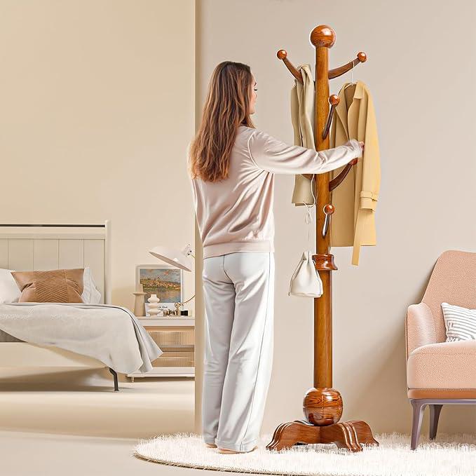 Hall Tree, Freestanding Wood Tree Rack with 7 Hooks, Coat Rack with Stable Sphere Base, Wooden Coat Rack Stand, Load 210 lb, Coat Hanger Stand for Entryway, Hallway, Bedroom, H:72 in, Walnut