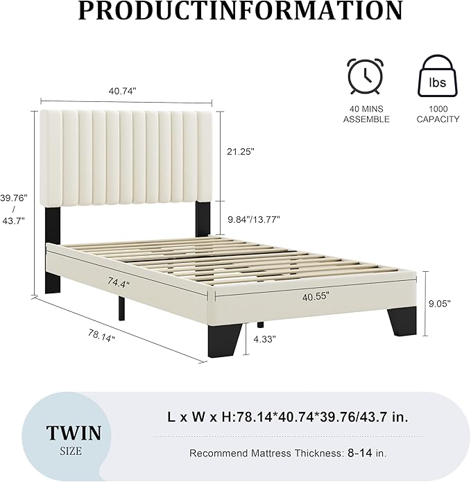 Twin Size Bed Frame, Velvet Upholstered Platform Bed with Adjustable Tufted Headboard, Sturdy Frame and Slats, No Noiseless, No Box Spring Required, Easy Assembly, Beige