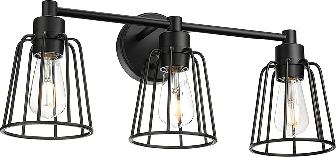XiNBEi Lighting Farmhouse Bathroom Light Fixtures, 3 Light Bathroom Vanity Light, Industrial Metal Cage Sconces Wall Lighting in Matte Black Finish XB-W1287-3-MB