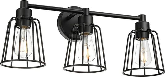 XiNBEi Lighting Farmhouse Bathroom Light Fixtures, 3 Light Bathroom Vanity Light, Industrial Metal Cage Sconces Wall Lighting in Matte Black Finish XB-W1287-3-MB