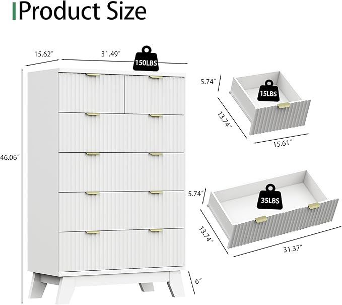 Fluted Dresser for Bedroom with 6 Drawers, 46" Tall Modern Chest of Drawers with Metal Handle, Wooden Dresser TV Stand, Wood Closet Clothes Storage Organizer for Living Room, Hallway, White