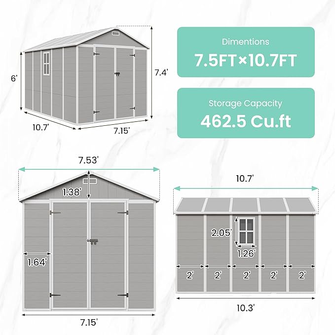 UDPATIO Outdoor Storage Shed 7.5x10.7 FT, Grey & White Resin & Steel Shed with Lockable Door for Backyard, Patio, Lawn