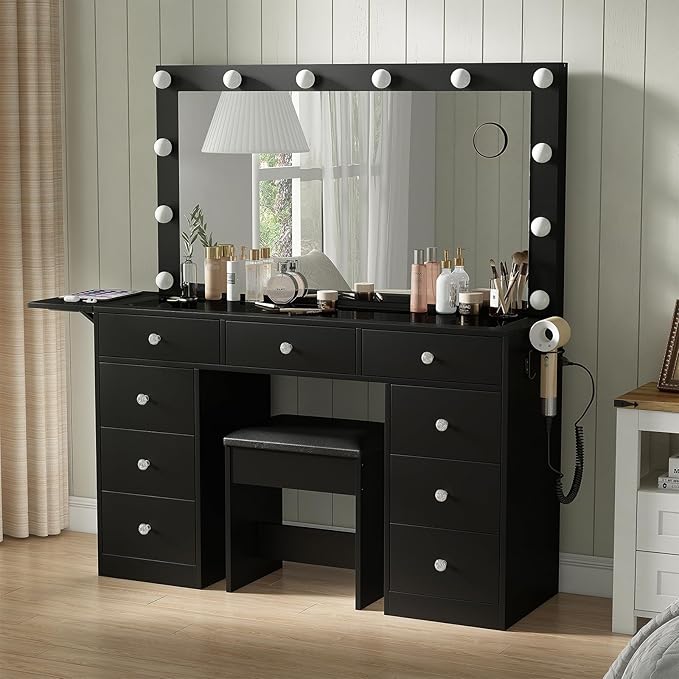 Vanity Desk & Power Outle, Makeup Vanity with Mirror and 12 LED Lights, 9 Drawers Makeup Table with Fold-up Panel, 3 Lighting Modes Brightness Adjustable (Black)