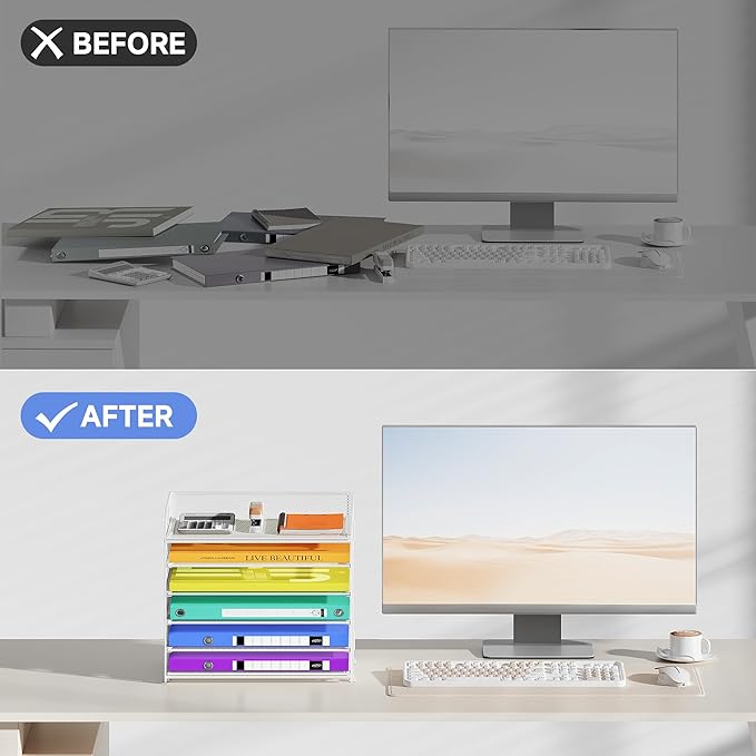 6 Tier Paper Organizer with Handle, Metal Desk Organizer Mesh Paper Letter Tray Desktop File Folder Document Sorter for Classroom, School, Office Accessories Organization and Storage - White