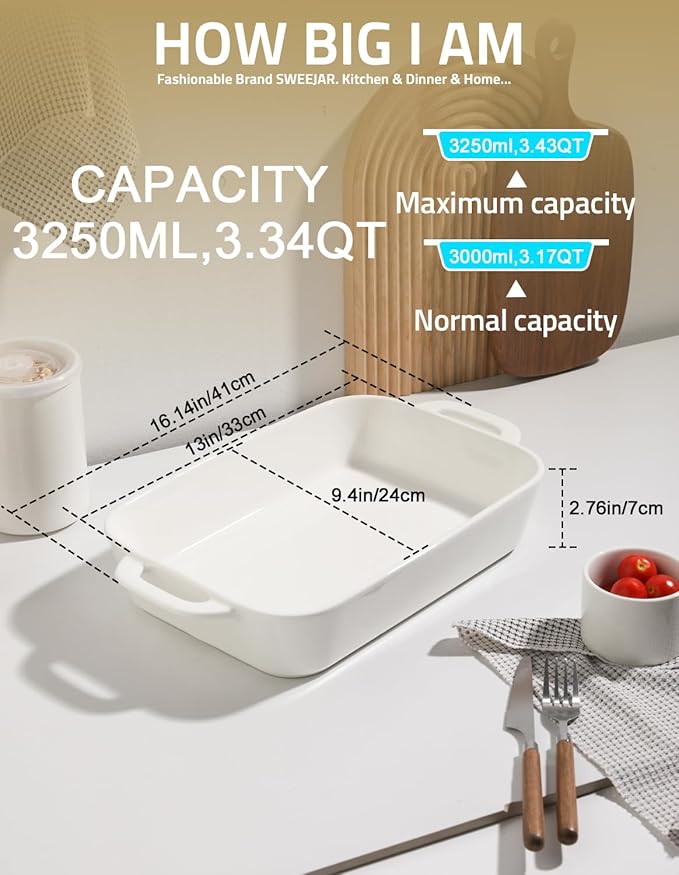 Sweejar Ceramic Bakeware Set, 9x13 Rectangular Baking Dish for Cooking, Kitchen, Cake Dinner, Banquet and Daily Use, Casserole Dishes for Oven Porcelain Baking Pans(White)