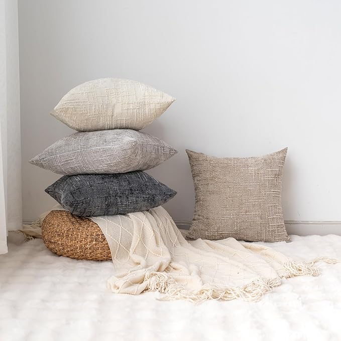 Decorative Throw Pillow Covers 18x18 Inch Set of 4, Soft Solid Farmhouse Chenille Couch Pillows, Spring Pillow Covers for Couch Sofa Bed Living Room Home Decor Pillowcase, Light Colors
