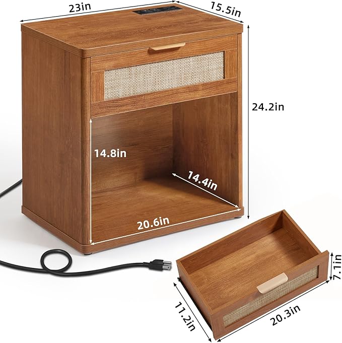 LEYAOYAO Rattan Nightstands Set of 2 with Charging Station, 23" Wide Boho Night Stand with Drawer, Natural Wood Bedside Table Open Cabinet, Bed Side End Table Dresser for Bedroom, Living Room, Hallway