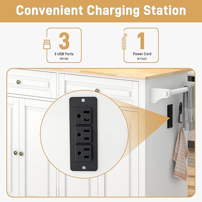 55" Movable Kitchen Island with Drop Leaf and Power Outlet, Rolling Island Cart w/Storage Cabinet, Island Table on Wheels for Kitchen w/2 Drawers, Spice Rack, Towel Bar, Garage Hook, White