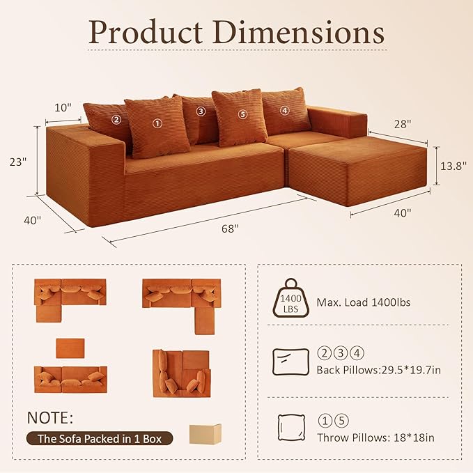 INGEROOM 108" Cloud Sectional Couch with L-Shape Chaise, Modular Sofa Memory Foam, Boneless Sofa with Movable Ottoman, Upholstered Couches for Living Room Bedroom, No Assembly Required, Orange