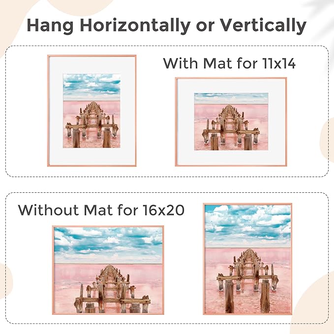 16x20 Metal Picture Frame For Wall With Mat For 11x14, 16''x20'' Aluminum Photo Frames With Tempered Glass, Minimalist Modern Poster Frame Horizontal And Vertical Formats, Rose Gold