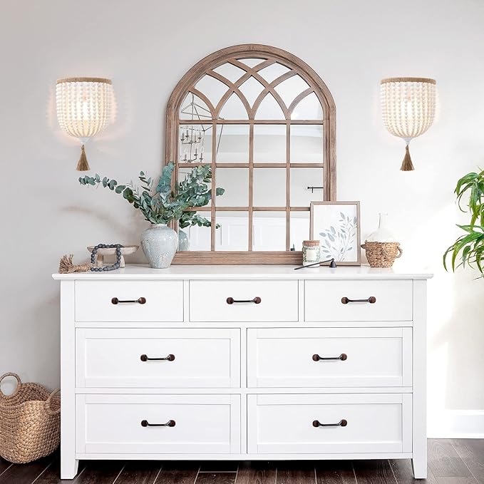 VILUXY Bohemia Wood Beaded Wall Sconces Bedside Antique Rustic Wall Sconce Lighting Fixture White Finishing for Bedroom, Hallway, Entryway, Passway, Bathroom, Vanity 2 Pack