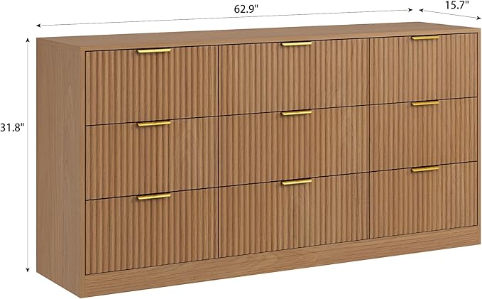 9 Drawer Dresser for Bedroom with Deep Drawers, 63" Wide Wood Dresser, Large Floor Chest of Drawers, Modern Long TV Stand, Mid Century Storage Cabinet Side Table, Natural