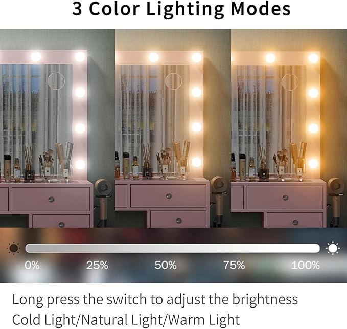 15 Drawers Makeup Vanity with Charging Station, Vanity Desk with 12 LED Bulbs and HD Mirror, 3 Color Brightness Adjustable, Vanity Set for Bedroom, Pink