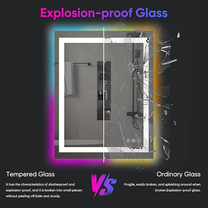 Antok 28"x 20" LED Bathroom Mirror with Lights, Anti-Fog, Dimmable, Lighted Vanity Mirror with Tempered Glass, Memory Function, 11 Light Modes, Safe Use, Horizontal, Vertical