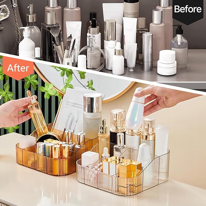 DASITON Large Capacity Makeup Brush Holder,8 Slot Makeup Brush Cup,Vintage striped Make Up Brush Holder,for Vanity Decor,Bathroom Countertops,Desk Storage Container,Cosmetic Display cases(Yellow-XL)