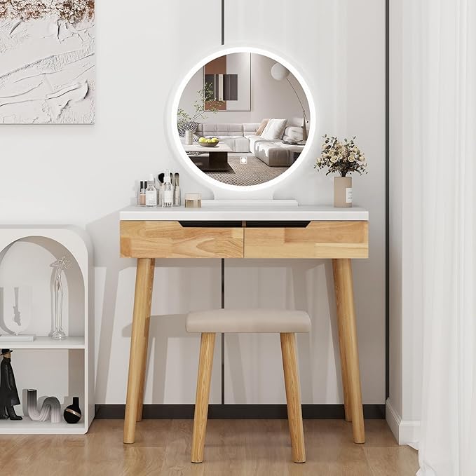YOURLITE Makeup Vanity Desk with Lights,Small Vanity with Adjustable Brightness Mirror for Small Spaces, Dressing Table with Drawers (31.5", Circular Mirror Wood)