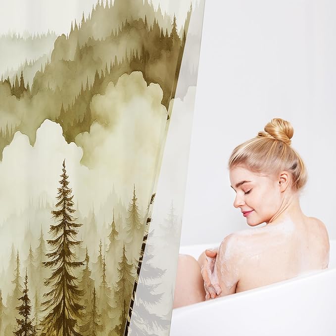 Yellow Small Stall Misty Pine Forest Shower Curtain 36 x 72, Mountain Foggy Woodland Scenery Tree Narrow Half Size Shower Curtains for Bathroom, Abstract Waterproof Nature-Themed Decor