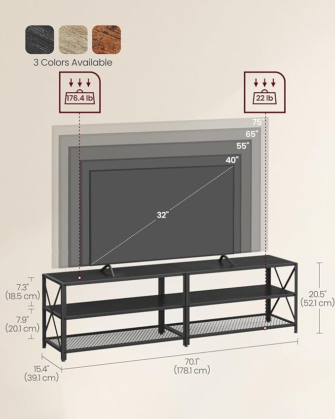 VASAGLE TV Stand, TV Console for TVs Up to 75 Inches, TV Table, 70.1 Inches Width, TV Cabinet with Storage Shelves, Steel Frame, for Living Room, Bedroom, Black with Wood Grain ULTV096B22