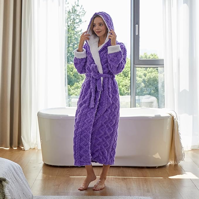 LKG women's robes long plush hooded ladies shower luxury christmas warm fuzzy robes house coat bathrobe for women full length