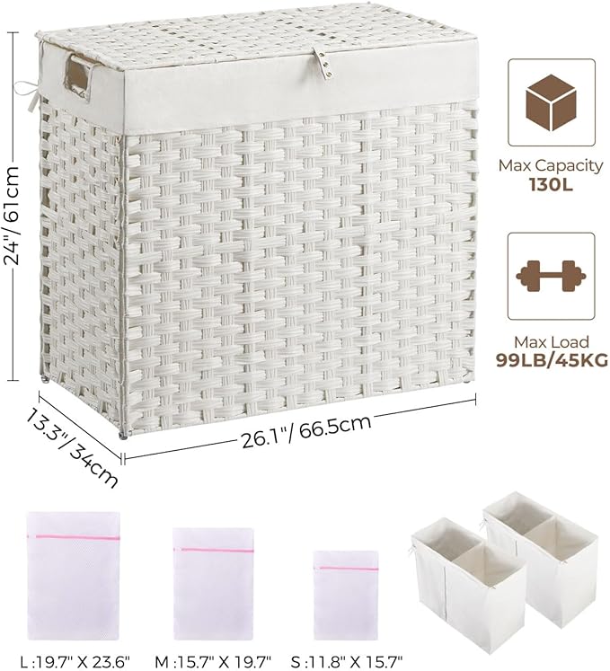 Greenstell Laundry Hamper with lid, No Install Needed, 130L Wicker Laundry Baskets Foldable 2 Removable Liner Bags, 2 Section Clothes Hamper Handwoven Rattan Laundry Basket with Handles, White