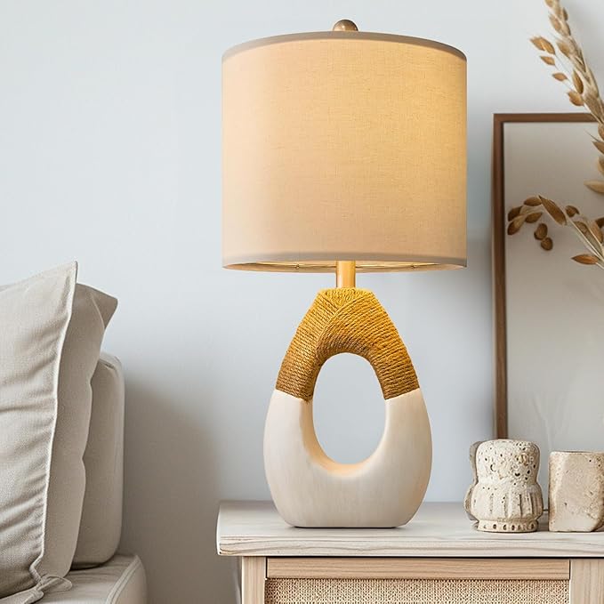 OYEARS 19” Boho Table Lamps Bedroom Living Room,Suitable for Small Space,Farmhouse Rattan Lamp Rustic Egg Design Resin Nightstand Bedside Lamps for Bedroom Living Room Office Study Rest Decor