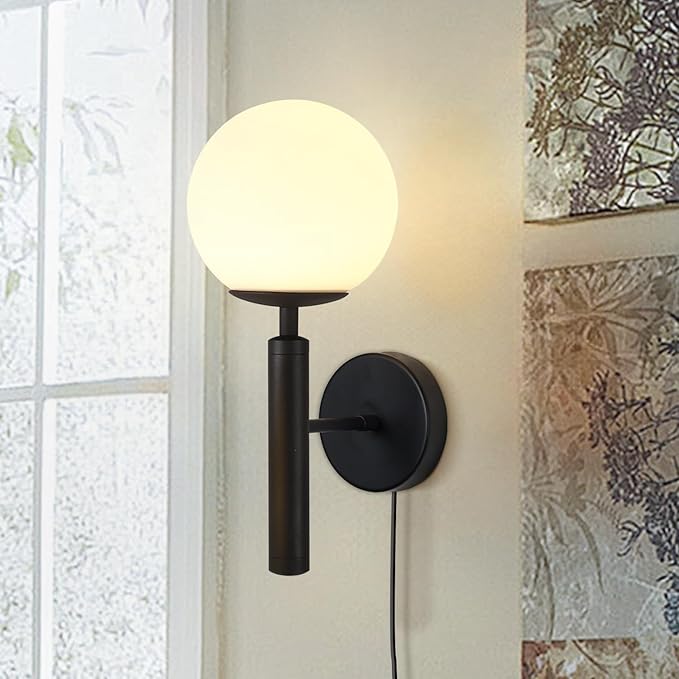 KCO Lighting Plug in Wall Sconce Light Black Vintage Industrial Wall Light White Glass Shade Bedside Wall Lamp for Bedroom Stairs Hallway(Black Plug in)