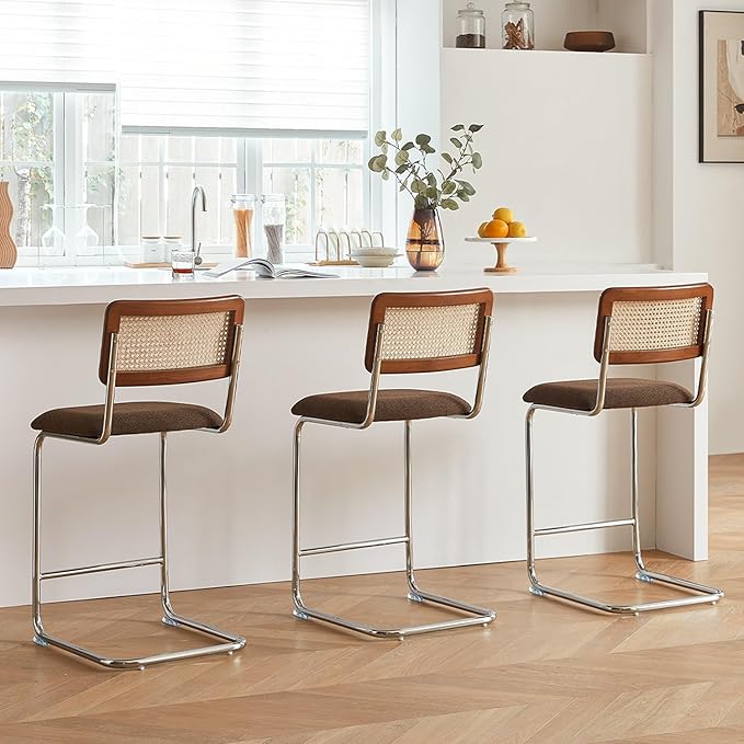 Natural Rattan Counter Height Stools Set of 3 with Solid Wood Back, 24 Inch Mid Century Modern Cesca Bar Stools, Brown Upholstery Boho Stool for Kitchen Counter with Chrome Metal Legs