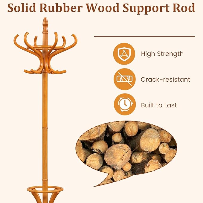 Tangkula Coat Rack with Umbrella Holder, 73 Inch Freestanding Coat Hanger Stand with 12 Hooks, Wooden Entryway Coat Tree for Clothes, Bags, Hats, Scarves, Living Room, Bedroom, Hallway (Natural)