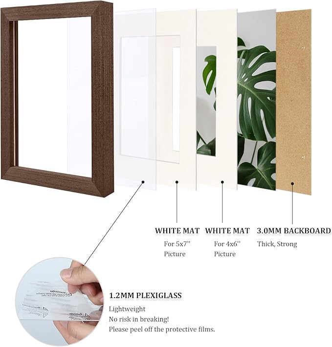 Egofine 6x8 Picture Frame Made of Solid Wood with Plexiglass, Display Pictures 4x6/5x7 with Mat or 6x8 Without Mat for Tabletop and Wall Mounting, Rustic Brown