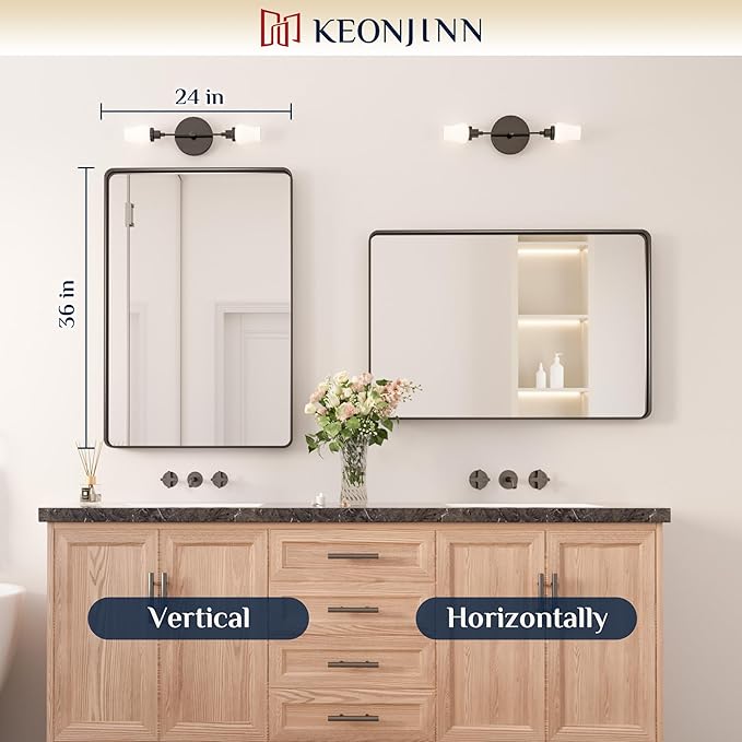 Keonjinn Black Bathroom Mirror for Vanity 24 x 36 Inch Metal Framed Wall Mirror Matte Black Rounded Rectangle Farmhouse Mirror, HD Tempered Glass, Wall-Mounted Decorative Mirror(Horizontal/Vertical)