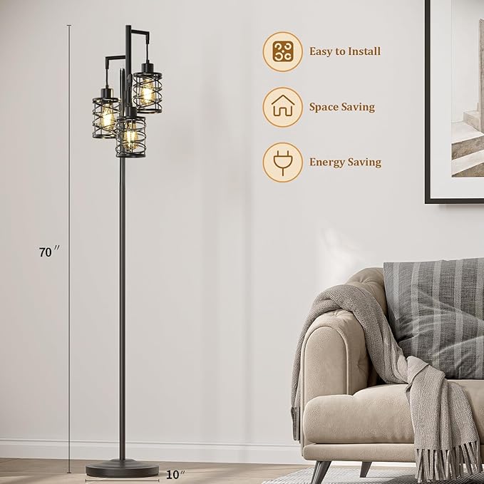 Oneach 70" Industrial Floor Lamp, Stepless Dimmable Standing Lamp with 3 Bulbs, Farmhouse Corner Standing Tree Lamp for Living Room, Tall Lamps for Bedroom, Office, Study Room, Dining Room, Black