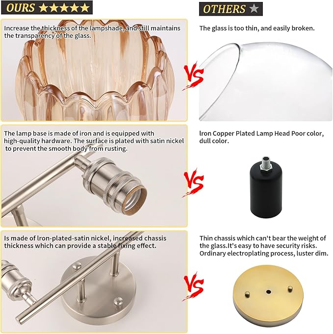 Bathroom Light Fixtures, 2-Light Vanity Wall Light Over Mirror with Amber Tulip Glass Shade for Bedroom Living Room, Satin Nickel