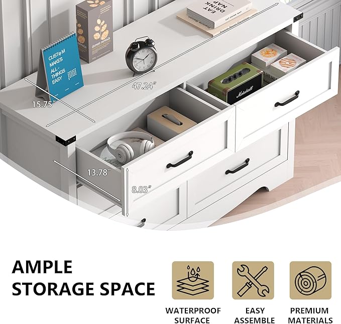 6-Drawer Dresser for Bedroom – 47" Wide Modern Wooden Chest with Natural Wood Texture, TV Stand & Storage, Metal Corner Brackets, Wood Drawer Organizer for Living Room, Hallway