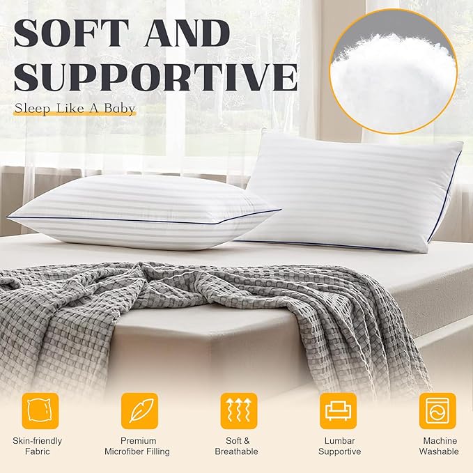 Pillows Insert 12'' x 20'' Set of 2, Decorative Lumbar Supportive Throw Pillows with Luxury Silky Covers for Indoor Couch, Sofa or Bed Decors, White Striped Cushion Sham Stuffer