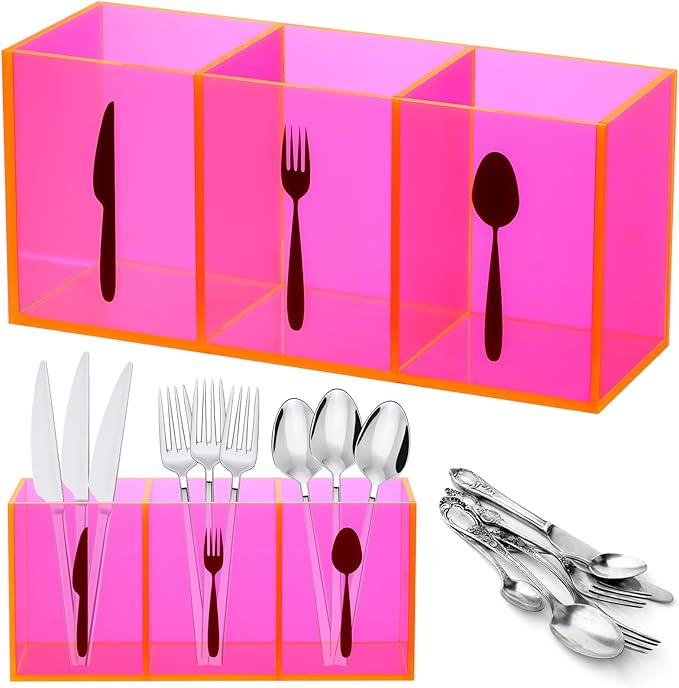 Suzile Acrylic Cutlery Storage Organizer Bin Silverware Caddy Countertop Knife Spoon and Fork Holder Kitchen 3 Section Tableware Storage Box for Cabinet Indoor Home Flatware Dining Room(Pink,M)