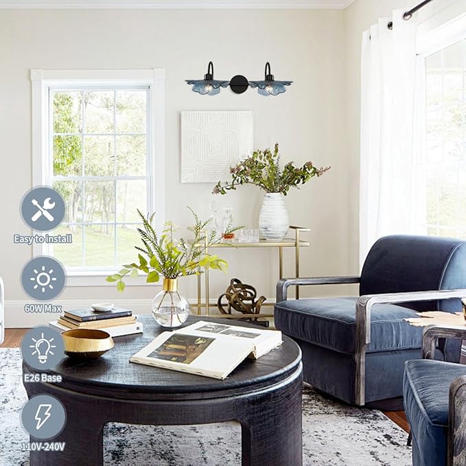 Bathroom Lights fixtures Matte Black Wall Sconce 2 Light Vanity Light Bathroom Wall Sconce Light Vintage Wall lamp Blue Glass Art Deco Vanity Lights Over Mirror for Bedroom Hallway Living Room