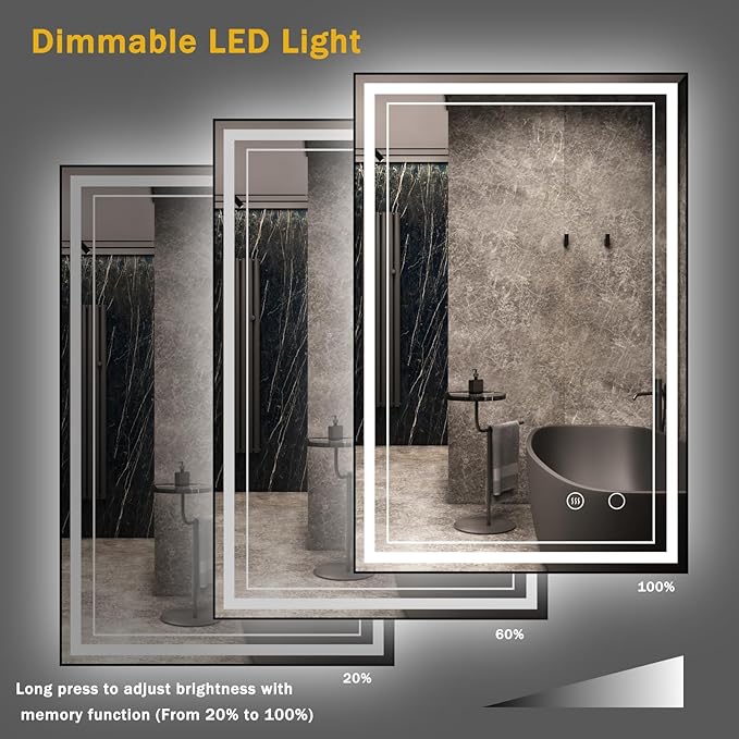 24" x 36" LED Bathroom Mirror with Lights Framed LED Mirror for Bathroom Backlit and Front Lighted Bathroom Mirror Black Square Aluminum Frame Anti-Fog Dimmable Adjustable Shatter-Proof