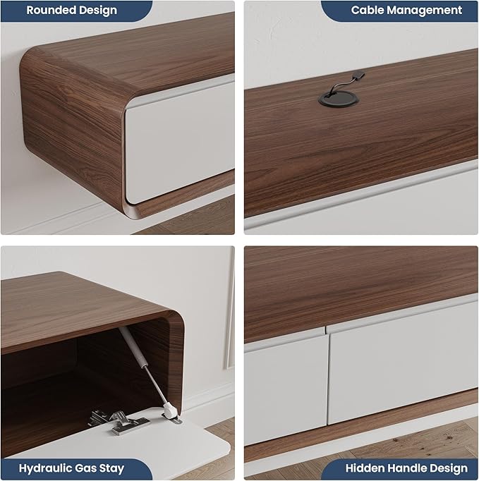 POVISON Fully Assembled Floating TV Stand with Flip-Down Cabinet Doors, 63" Walnut and White Floating Media Console, Solid Wood Floating Entertainment Center, Minimalist TV Stand