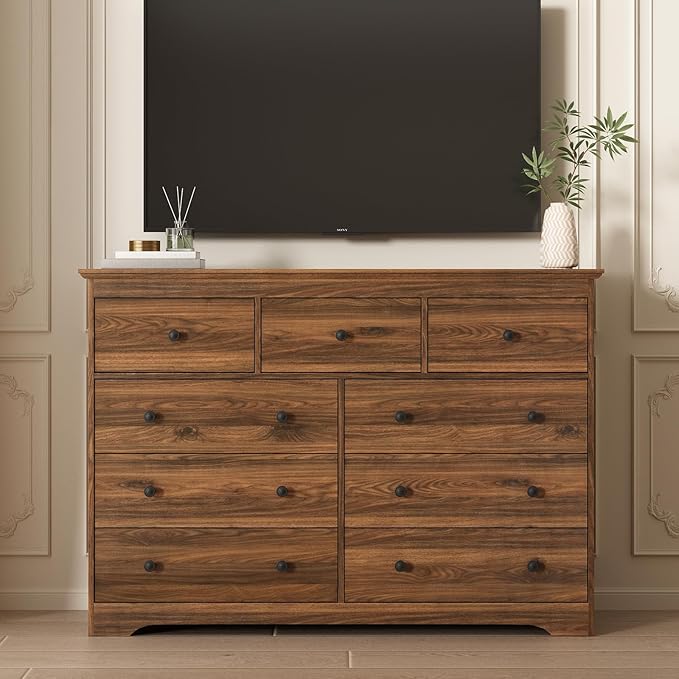LYNSOM Modern 9 Drawer Dresser, 55.1" Wide Dressers & Chests of Drawers with Large Capacity Storage, Wood Mid Century Storage Dressers Organizer for Bedroom, Hallway, Brown