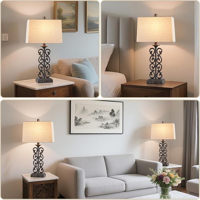 25" Set of 2 Touch Modern Resin Table Lamps for Living Room with Dual USB Ports, 3-Way Dimmable Rustic Bedside Lamps, Farmhouse Nightstand Lamp for Bedroom Office Decor, 2 Bulbs Included