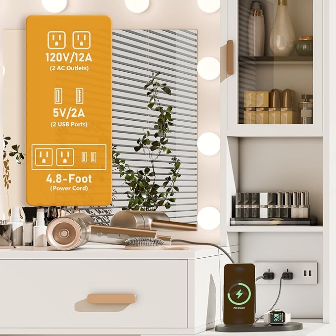 DYHOME Makeup Vanity Desk with Mirror and Lights & Charging Station, White Vanity Desk with 3 LED Light Modes, Make up Vanity Table with 7 Drawers & 3 Cabinets for Bedroom