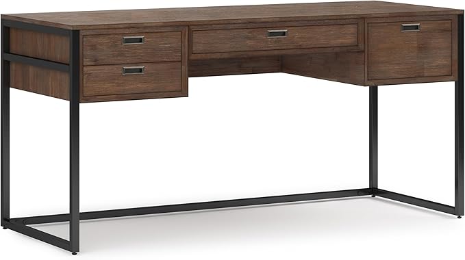 SIMPLIHOME Richmond Desk - 60-Inch Wide Solid Acacia Wood and Metal Writing Desk in Rustic Natural Aged Brown, Modern Industrial Home Office Computer Table with 2 Drawers and Flip-Down Keyboard Tray