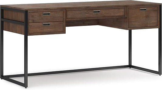 SIMPLIHOME Richmond Desk - 60-Inch Wide Solid Acacia Wood and Metal Writing Desk in Rustic Natural Aged Brown, Modern Industrial Home Office Computer Table with 2 Drawers and Flip-Down Keyboard Tray